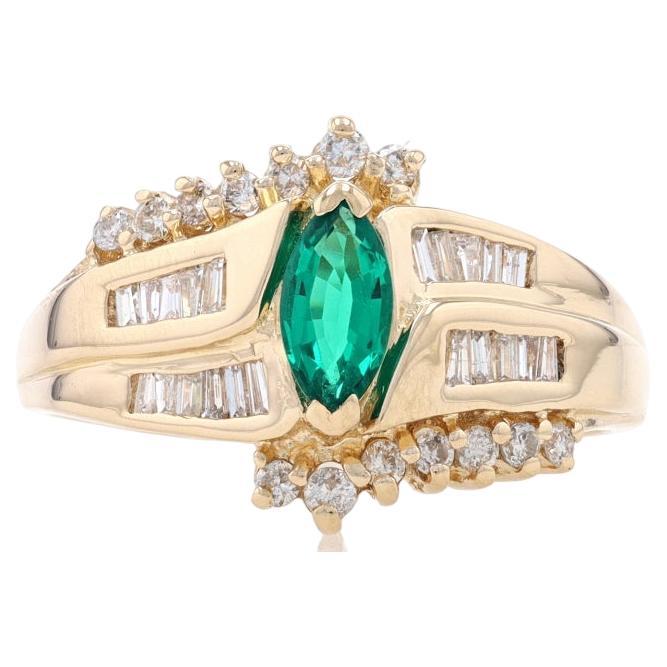 Yellow Gold Synthetic Emerald & Diamond Bypass Ring - 14k Marquise 1.00ctw For Sale