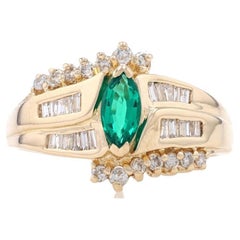 Yellow Gold Synthetic Emerald & Diamond Bypass Ring - 14k Marquise 1.00ctw