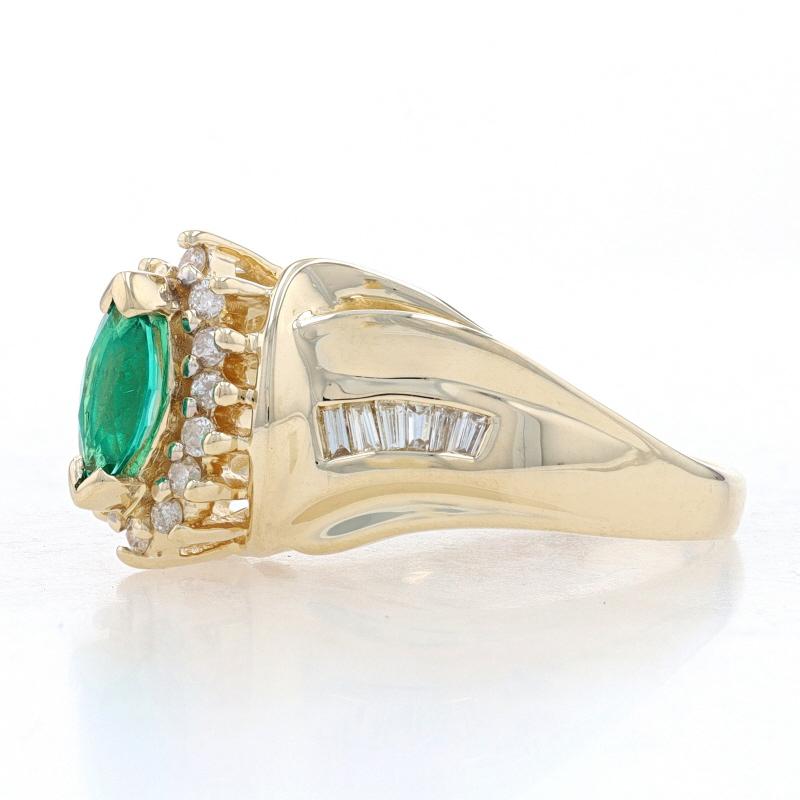 Marquise Cut Yellow Gold Synthetic Emerald & Diamond Halo Bypass Ring - 14k Marquise .85ctw For Sale