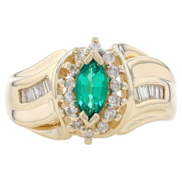 Yellow Gold Synthetic Emerald & Diamond Halo Bypass Ring - 14k Marquise .85ctw For Sale