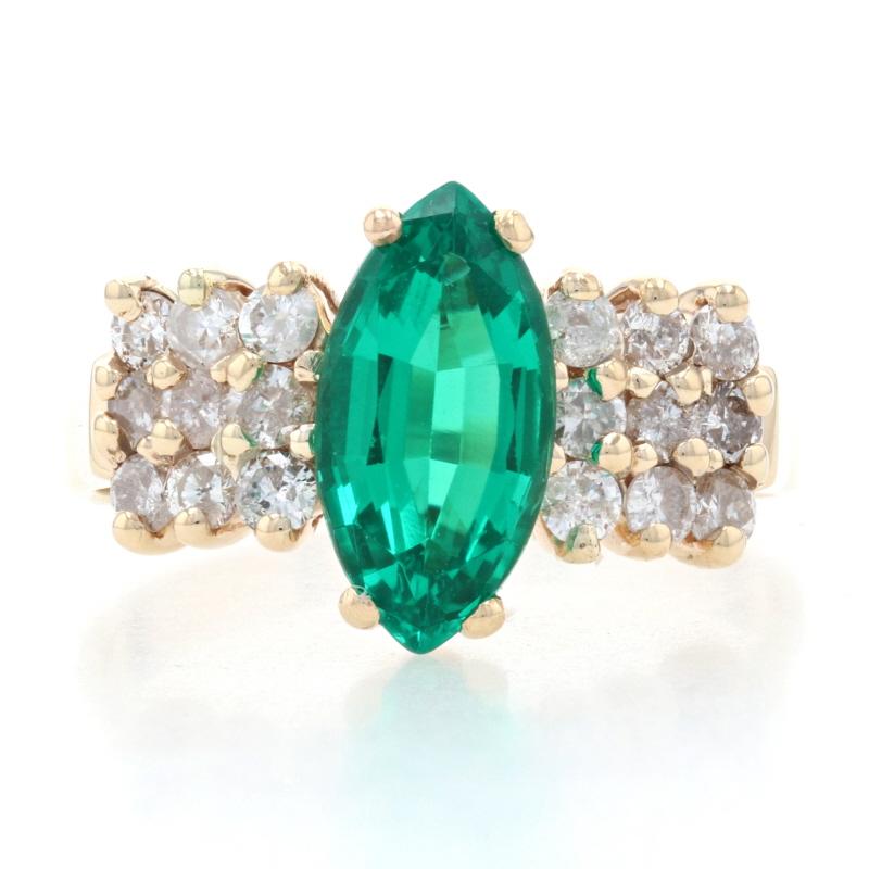 Size: 8
Sizing Fee: Down 3 sizes for $30 or Up 2 sizes for $35

Metal Content: 14k Yellow Gold

Stone Information
Synthetic Emerald
Carat: 1.90ct
Cut: Marquise
Color: Green
Size: 12.1mm x 6.1mm

Natural Diamonds
Carats: .54ctw
Cut: Round