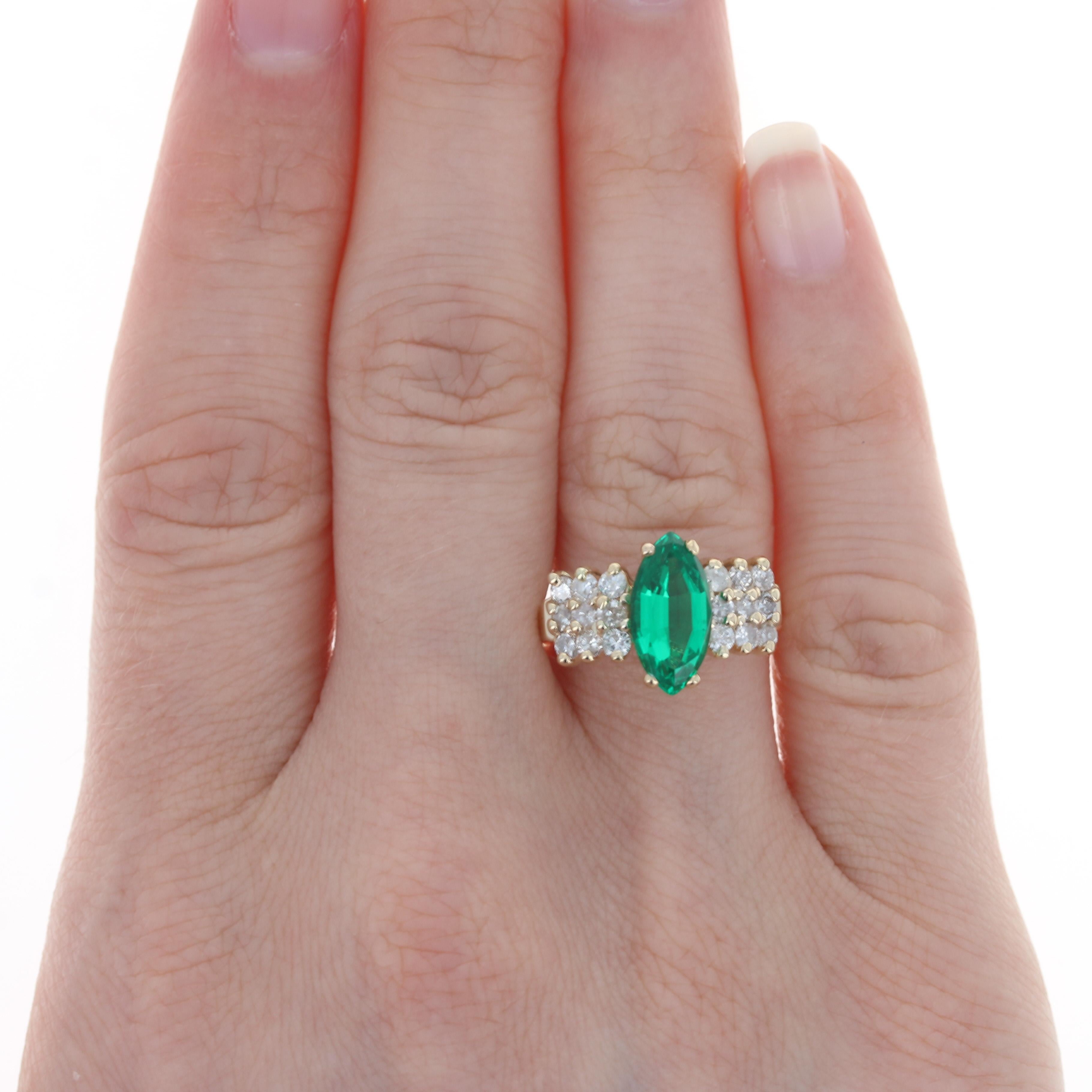 Yellow Gold Synthetic Emerald & Diamond Ring - 14k Marquise Cut 2.44ctw In Excellent Condition For Sale In Greensboro, NC