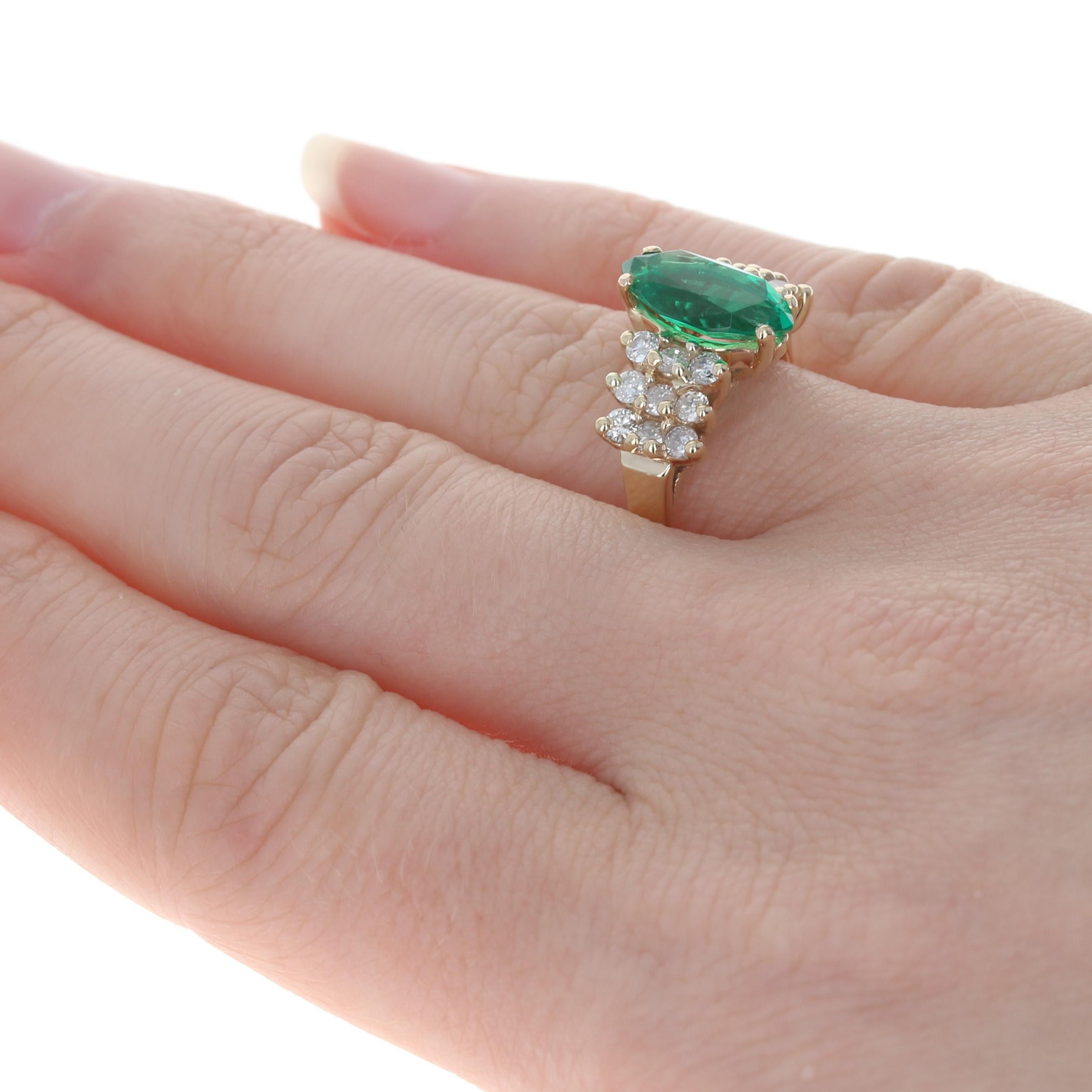 For Sale:  Yellow Gold Synthetic Emerald & Diamond Ring, 14k Marquise Cut 2.44ctw 4