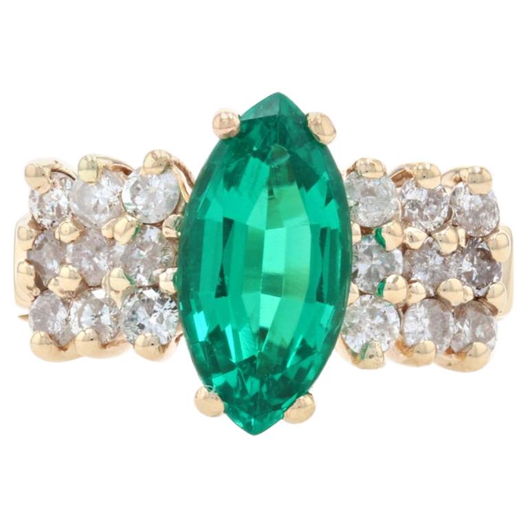 Yellow Gold Synthetic Emerald & Diamond Ring, 14k Marquise Cut 2.44ctw