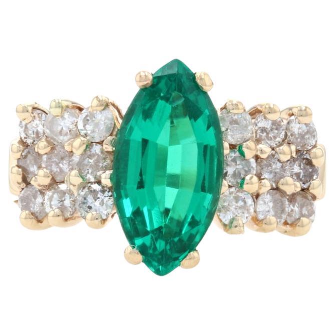 Yellow Gold Synthetic Emerald & Diamond Ring - 14k Marquise Cut 2.44ctw For Sale