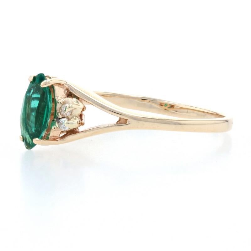 Uncut Yellow Gold Synthetic Emerald & Diamond Ring, 14k Marquise Cut .64ctw
