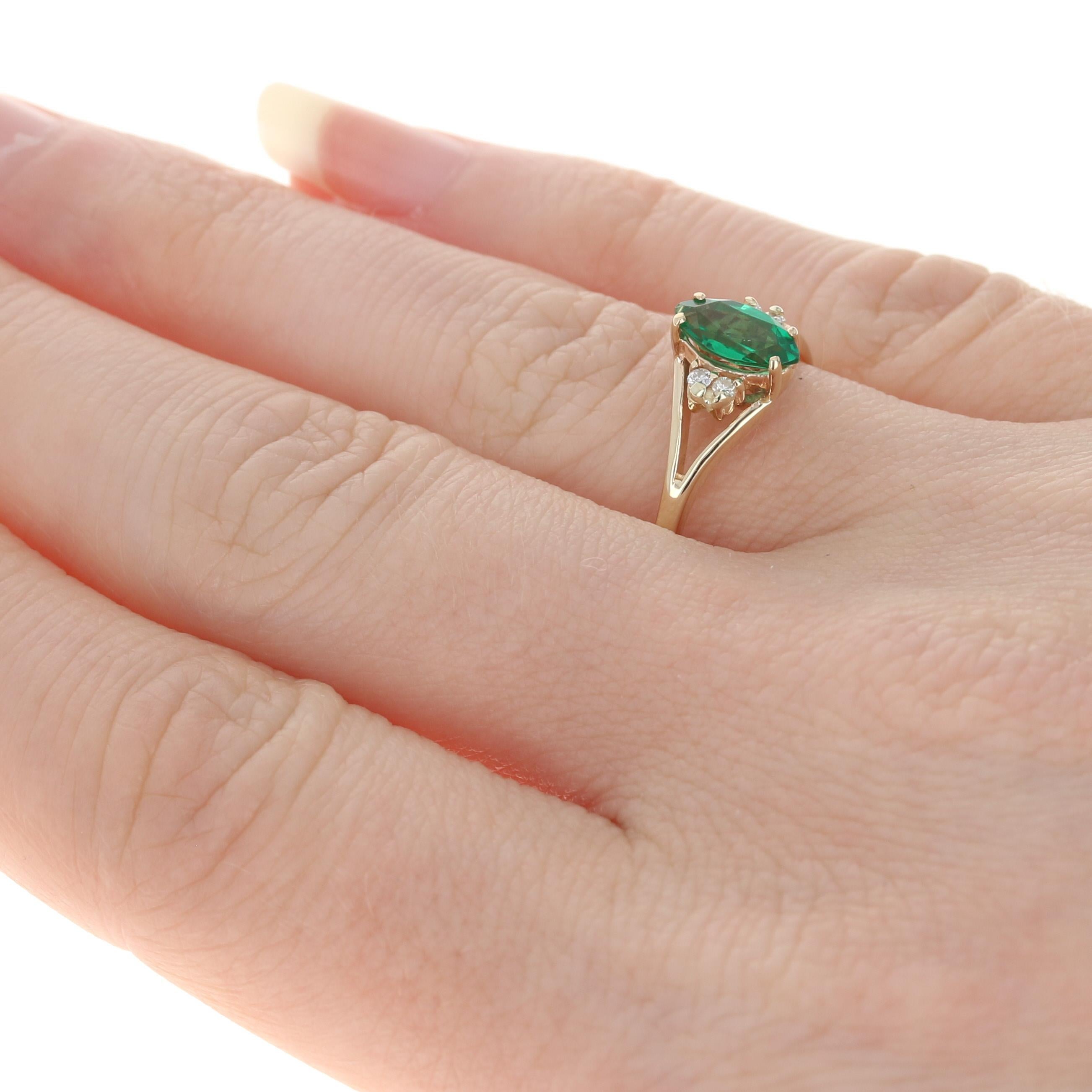 Yellow Gold Synthetic Emerald & Diamond Ring, 14k Marquise Cut .64ctw In Excellent Condition In Greensboro, NC