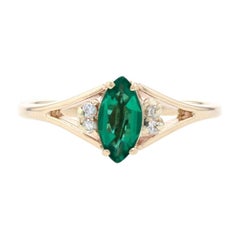 Yellow Gold Synthetic Emerald & Diamond Ring, 14k Marquise Cut .64ctw