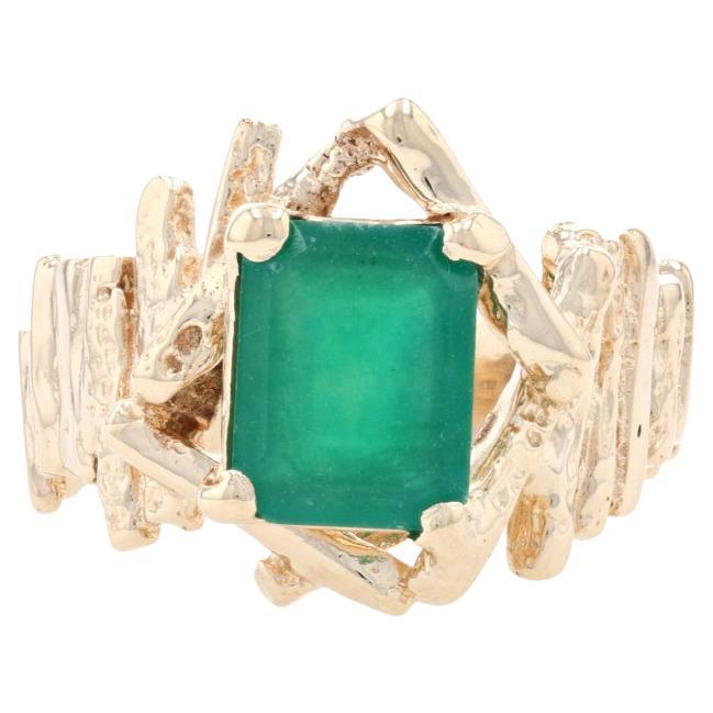 Yellow Gold Synthetic Emerald Solitaire Ring, 14k Emerald Cut Textured