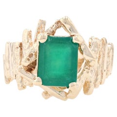 Yellow Gold Synthetic Emerald Solitaire Ring, 14k Emerald Cut Textured