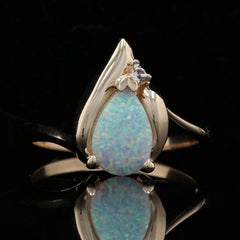 Yellow Gold Synthetic Opal & Diamond Bypass Ring, 10k Pear Cut .70ct