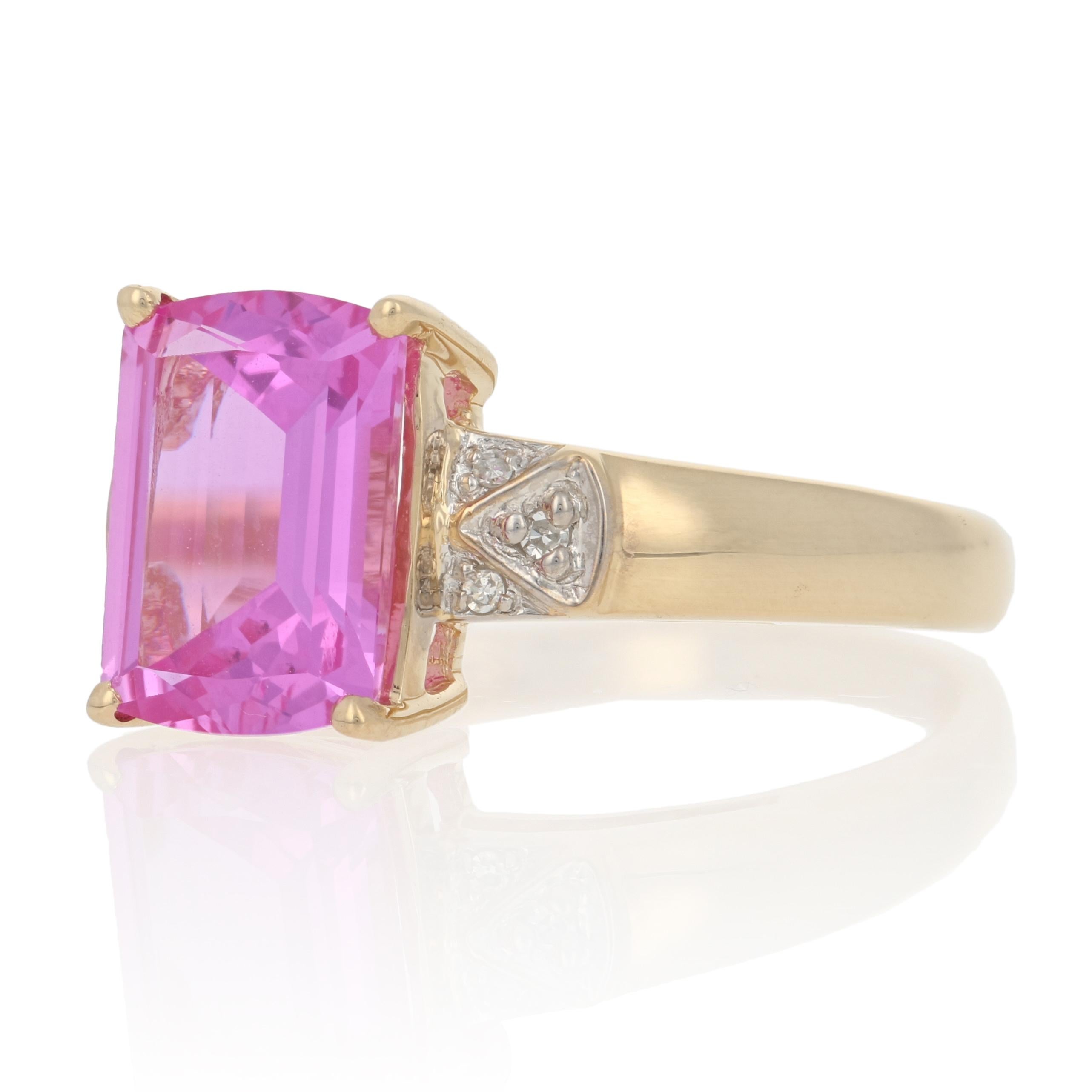 Yellow Gold Synthetic Pink Sapphire & Diamond Ring, 14k Rectangle Cut 2.52ctw 2