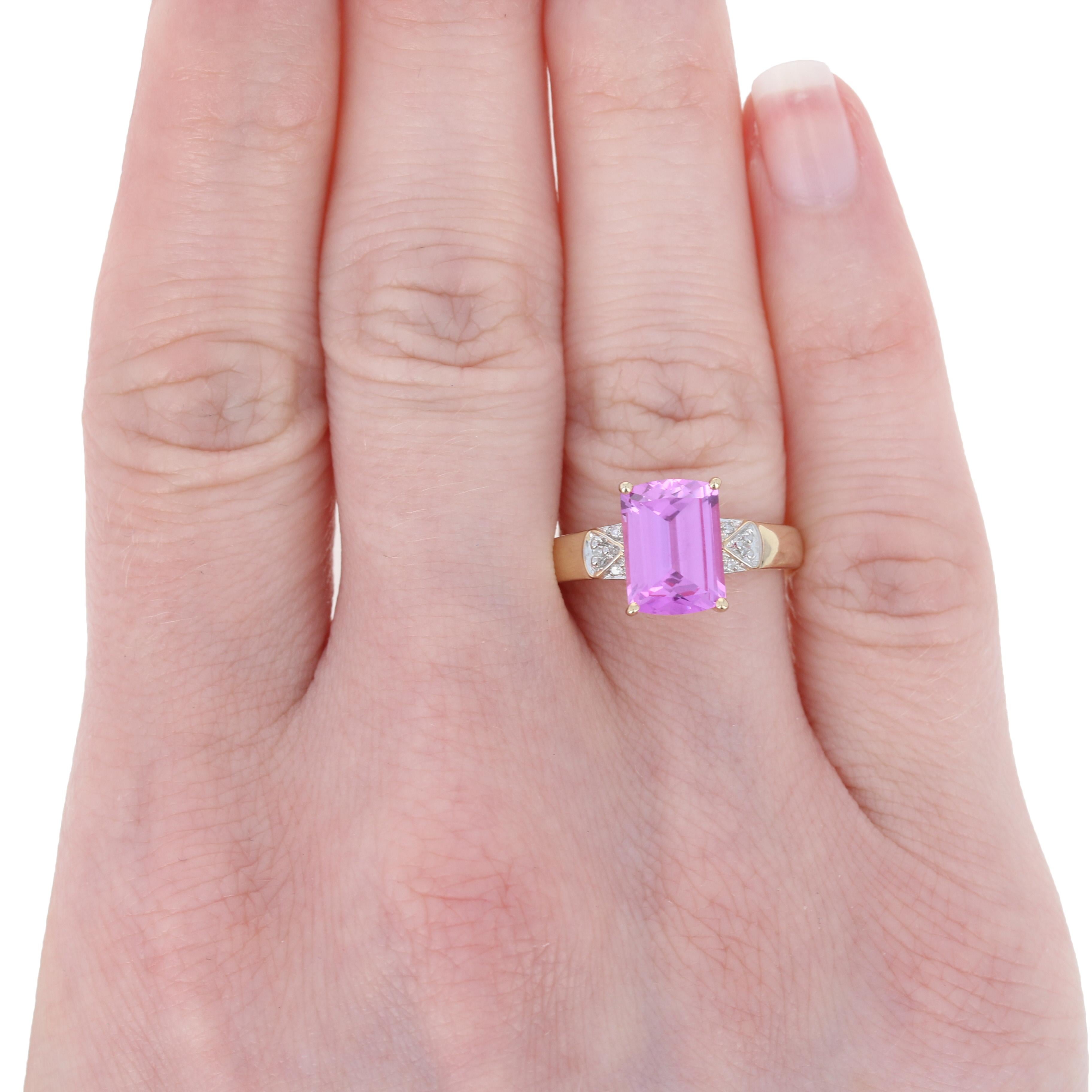 Yellow Gold Synthetic Pink Sapphire & Diamond Ring, 14k Rectangle Cut 2.52ctw 3
