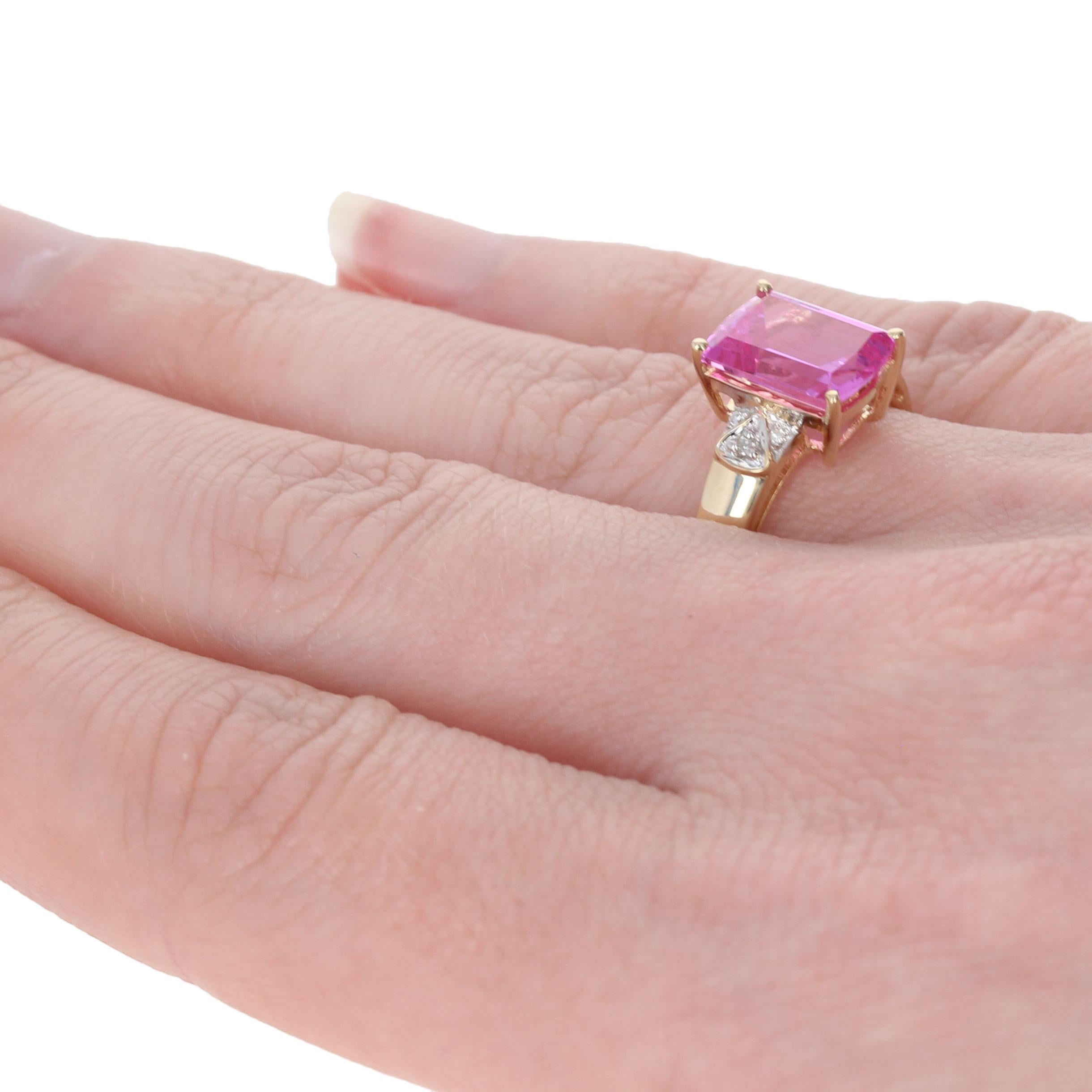 Yellow Gold Synthetic Pink Sapphire & Diamond Ring, 14k Rectangle Cut 2.52ctw 4