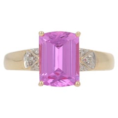Yellow Gold Synthetic Pink Sapphire & Diamond Ring, 14k Rectangle Cut 2.52ctw