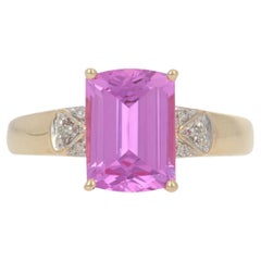 Vintage Yellow Gold Synthetic Pink Sapphire & Diamond Ring, 14k Rectangle Cut 2.52ctw