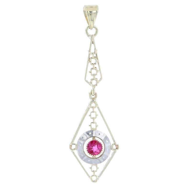 Yellow Gold Synthetic Ruby Art Deco Drop Pendant, 14k Round Cut .15ct Vintage For Sale