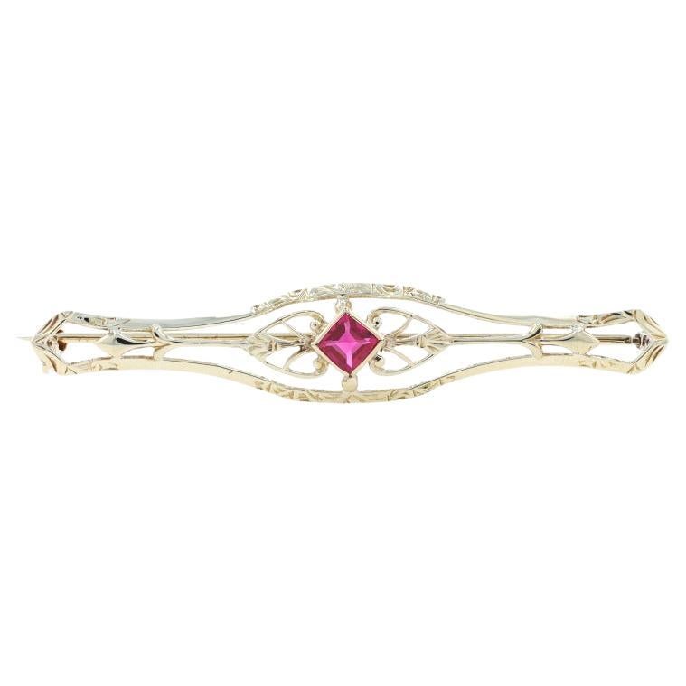 Yellow Gold Synthetic Ruby Art Deco Solitaire Brooch - 14k Sq .40ct Vintage Pin For Sale