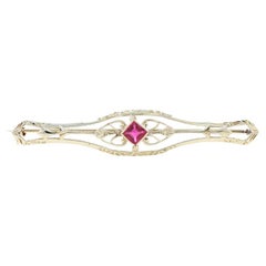 Yellow Gold Synthetic Ruby Art Deco Solitaire Brooch - 14k Sq .40ct Antique Pin