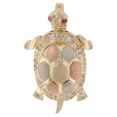 Antique Yellow Gold Synthetic Ruby & CZ Turtle Pendant, 14k Round .17ctw Reptile Opens