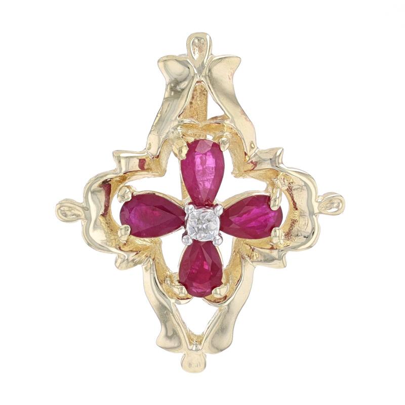 Metal Content: 10k Yellow Gold & 10k White Gold

Stone Information
Synthetic Rubies
Carat(s): 1.20ctw
Cut: Pear
Color: Pinkish Red

Natural Diamond
Cut: Single
Stone Note: (one small accent)

Total Carats: 1.20ctw

Theme: Floral Cross,