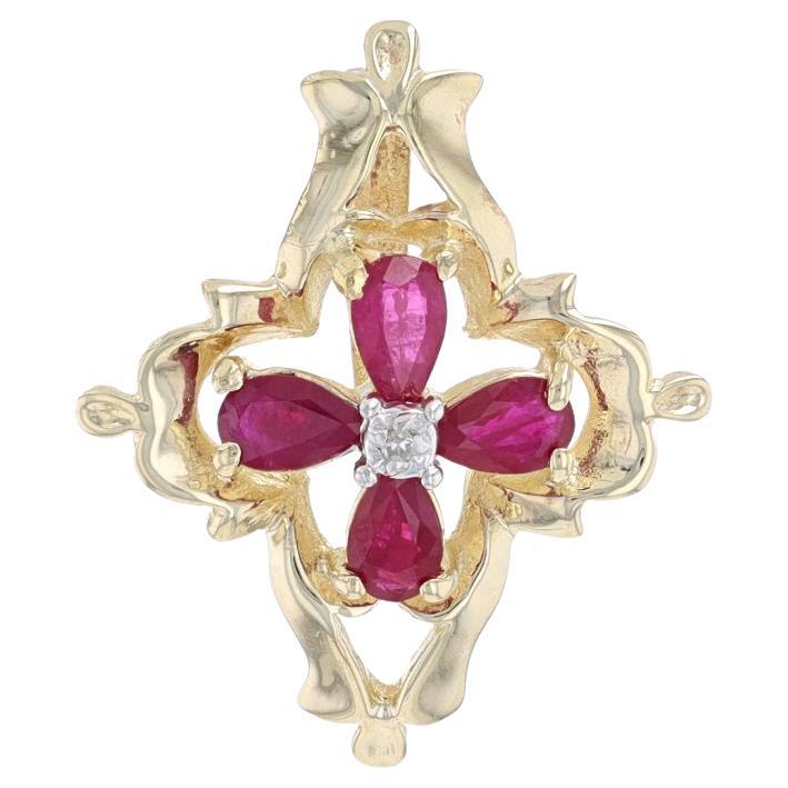 Yellow Gold Synthetic Ruby & Diamond Floral Cross Pendant 10k Pear 1.20ctw Faith For Sale