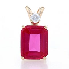 Yellow Gold Synthetic Ruby & Diamond Pendant - 14k Emerald Cut 3.09ctw