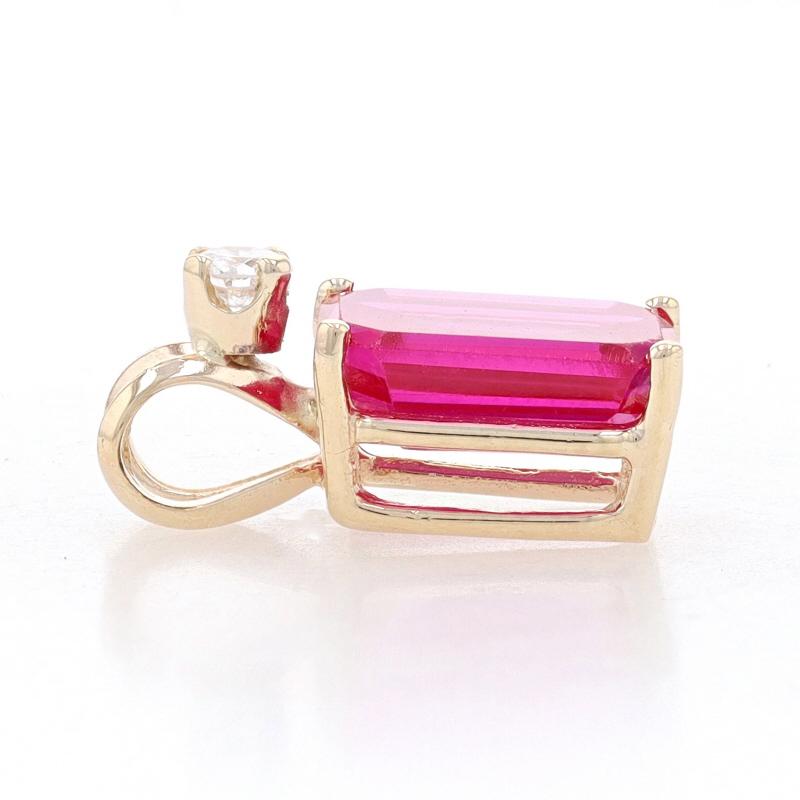 Yellow Gold Synthetic Ruby & Diamond Pendant - 14k Emerald Cut 3.09ctw In Excellent Condition For Sale In Greensboro, NC