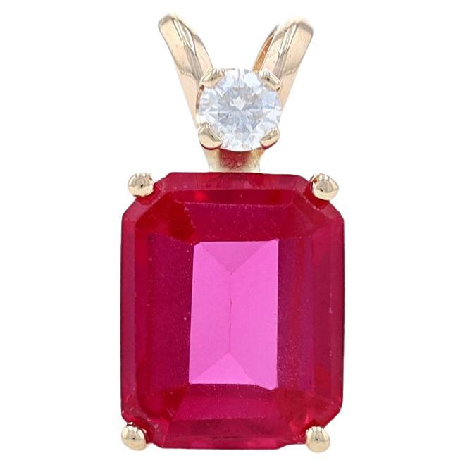 Yellow Gold Synthetic Ruby & Diamond Pendant - 14k Emerald Cut 3.09ctw For Sale