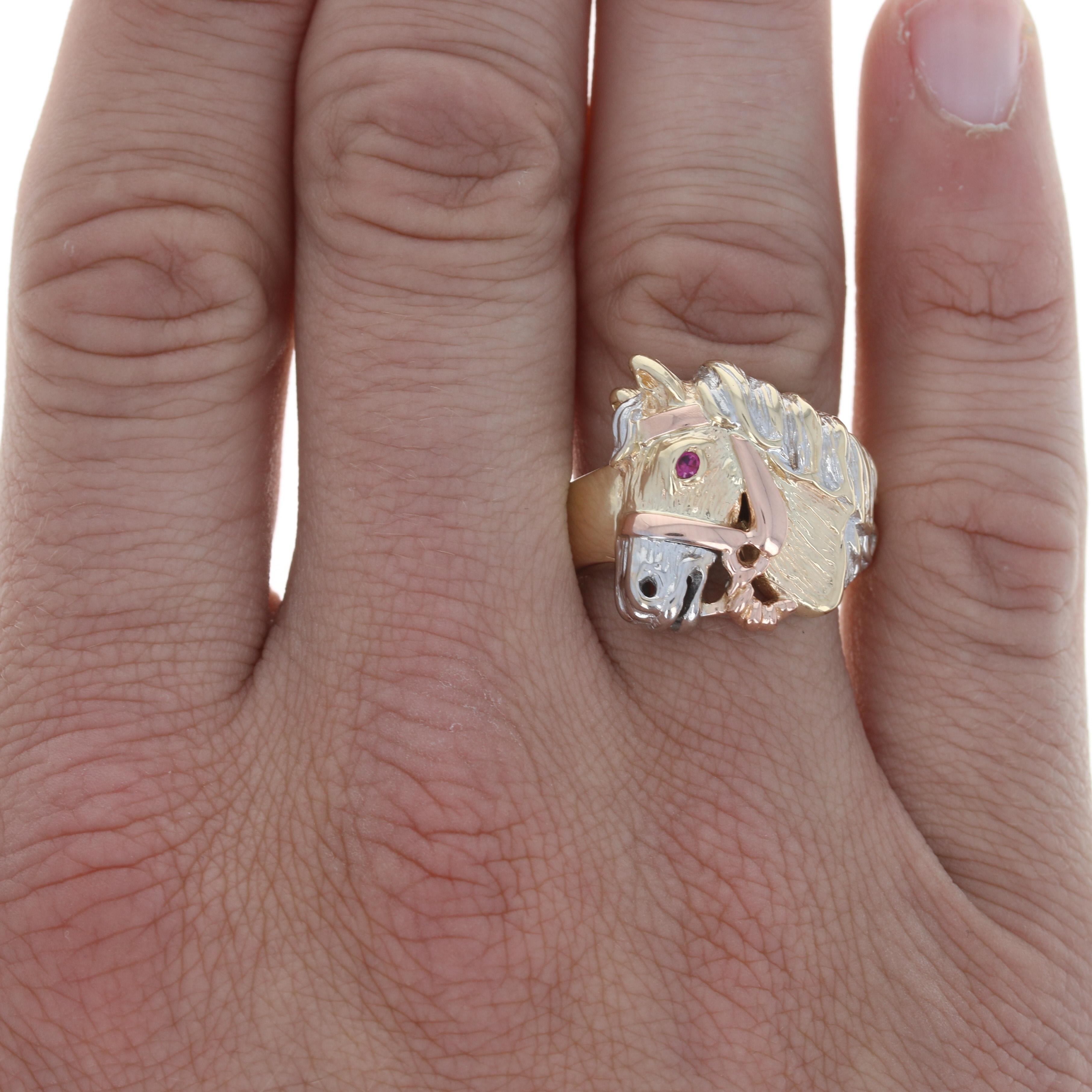 Size: 11 3/4
Sizing Fee: Down 3 sizes for a $30 fee or up 2 sizes for a $35 fee

Metal Content: 14k Yellow, White, & Rose Gold

Stone Information: 
Synthetic Ruby
Carat: .05ct
Cut: Round
Color: Pinkish Red

Theme: Horse
Features: Smooth & Textured