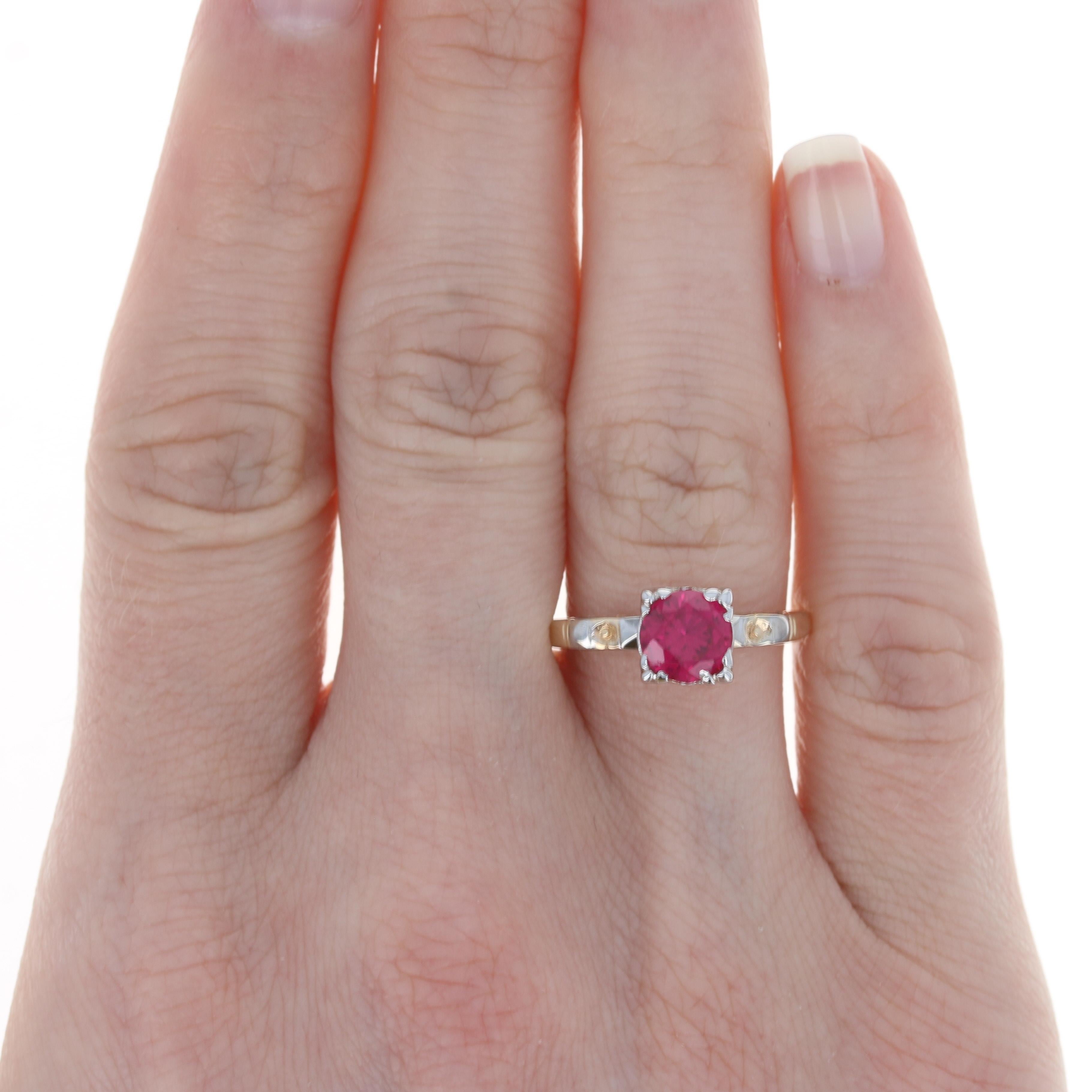 Size: 8
Sizing Fee: Up 2 sizes for $35 or down 3 sizes for $30

Era: Vintage 

Metal Content: 14k Yellow Gold & 14k White Gold 

Stone Information: 
Synthetic Ruby
Carat: 1.50ct
Cut: Round Brilliant 
Color: Pinkish Red
Diameter: 6.6mm 

Style: