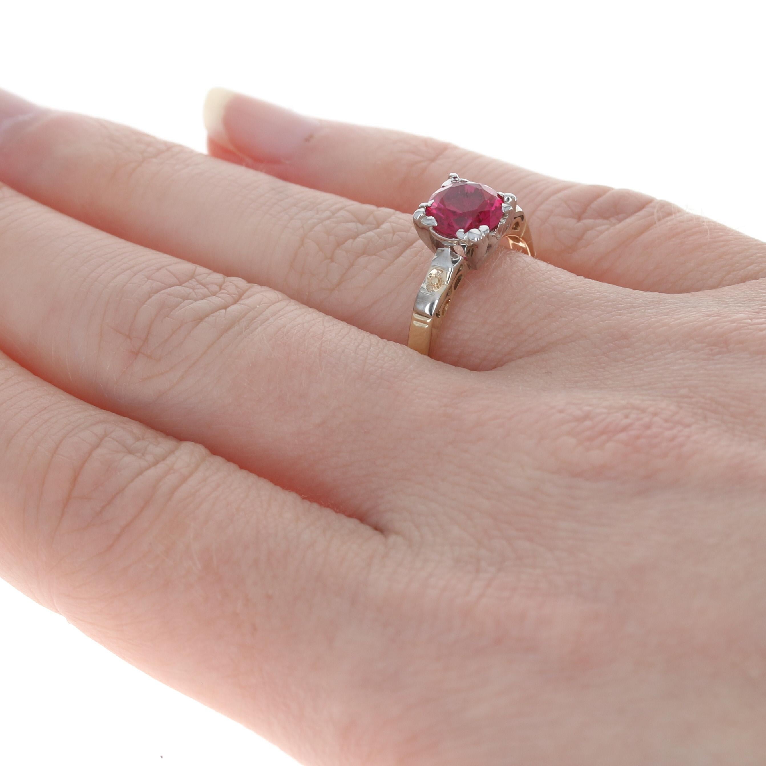 Yellow Gold Synthetic Ruby Vintage Solitaire Engagement Ring, 14k Round 1.50ct In Excellent Condition In Greensboro, NC