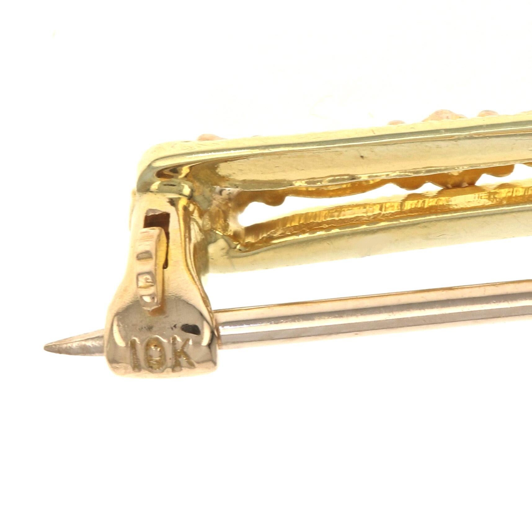 Yellow Gold Synthetic Sapphire Art Deco Bar Brooch, 10k Square .20ct Vintage Pin In Excellent Condition In Greensboro, NC
