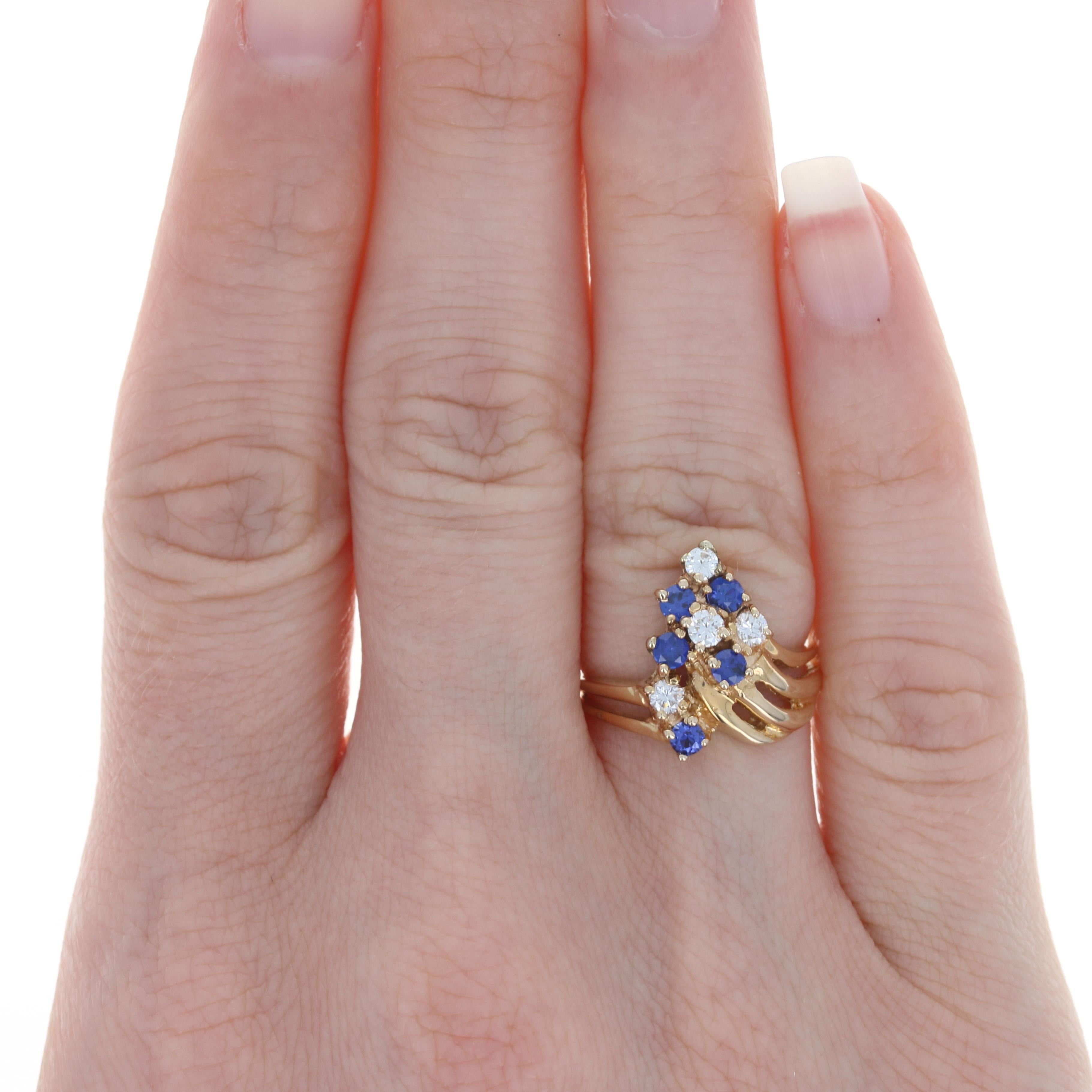 Yellow Gold Synthetic Sapphire & Diamond Cluster Ring, 14k Round Cut .65ctw 3