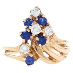 Yellow Gold Synthetic Sapphire & Diamond Cluster Ring, 14k Round Cut .65ctw