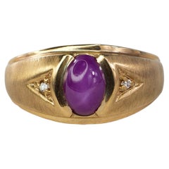 Yellow Gold Synthetic Star Ruby and Diamond Men's Ring