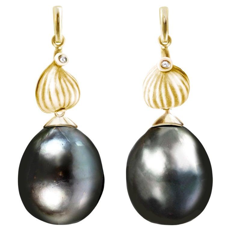 Yellow Gold Tahitian Black Pearls Contemporary Earrings with Diamonds For Sale