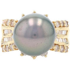 Yellow Gold Tahitian Pearl and Diamond Halo Ring, 18k Round Brilliant 1.30 Carat