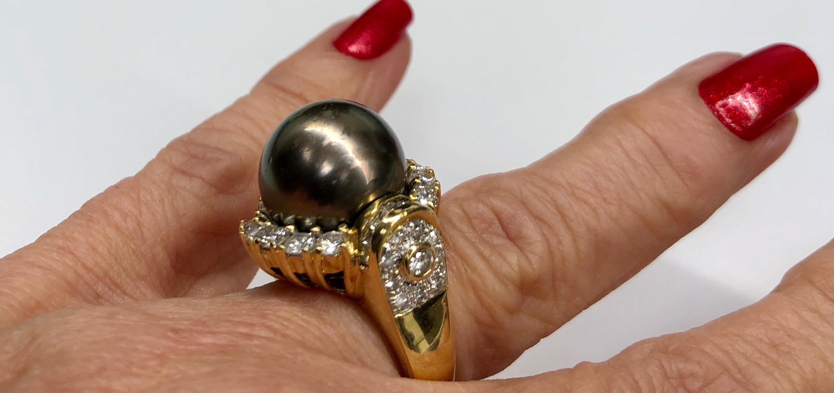 18K Gold Tahitian Pearl and Diamond Ring 1