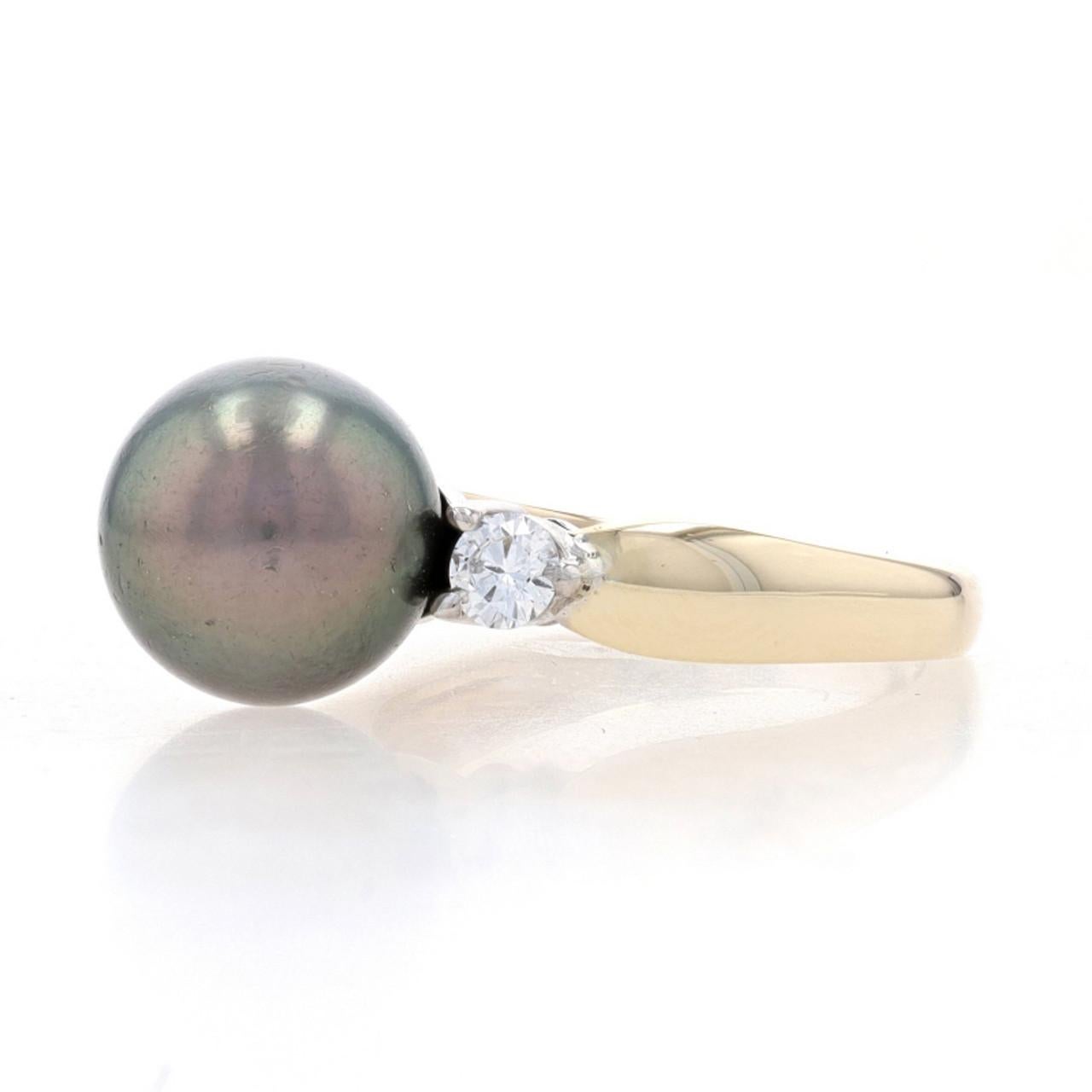 Round Cut Yellow Gold Tahitian Pearl & Diamond Ring 14k .24ctw For Sale