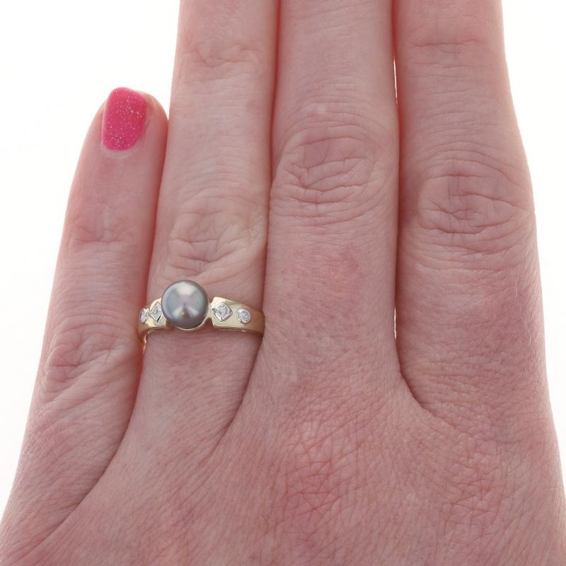Perlina Anello con diamante e perla di Tahiti in oro giallo - 14k in vendita