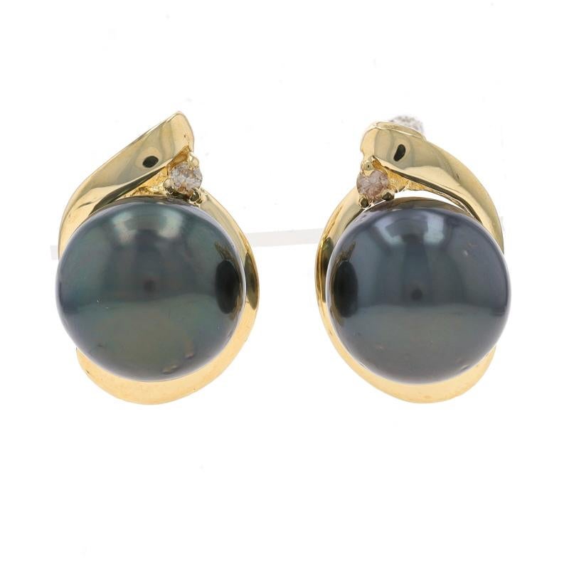 Metal Content: 14k Yellow Gold

Stone Information
Tahitian Pearls
Size: 10.9mm

Natural Diamonds
Carat(s): .08ctw
Cut: Round Brilliant
Color: J - K
Clarity: SI2 - I1

Style: Stud
Fastening Type: Omega Closures
Theme: Bypass Swirl

Measurements
Tall: