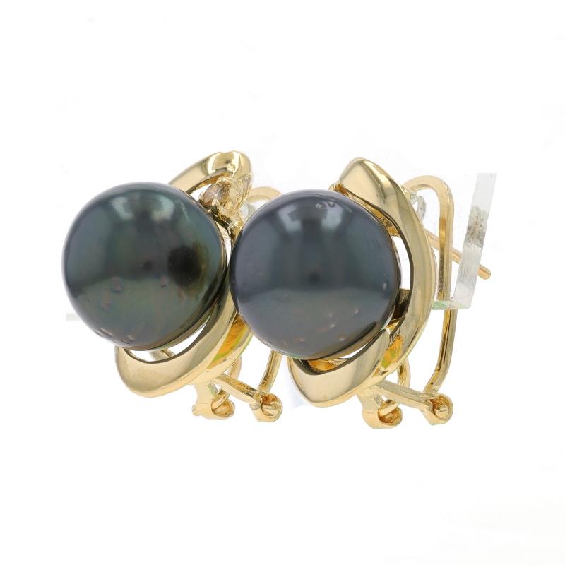 Bead Yellow Gold Tahitian Pearl & Diamond Stud Earrings - 14k Bypass Swirl Pierced For Sale