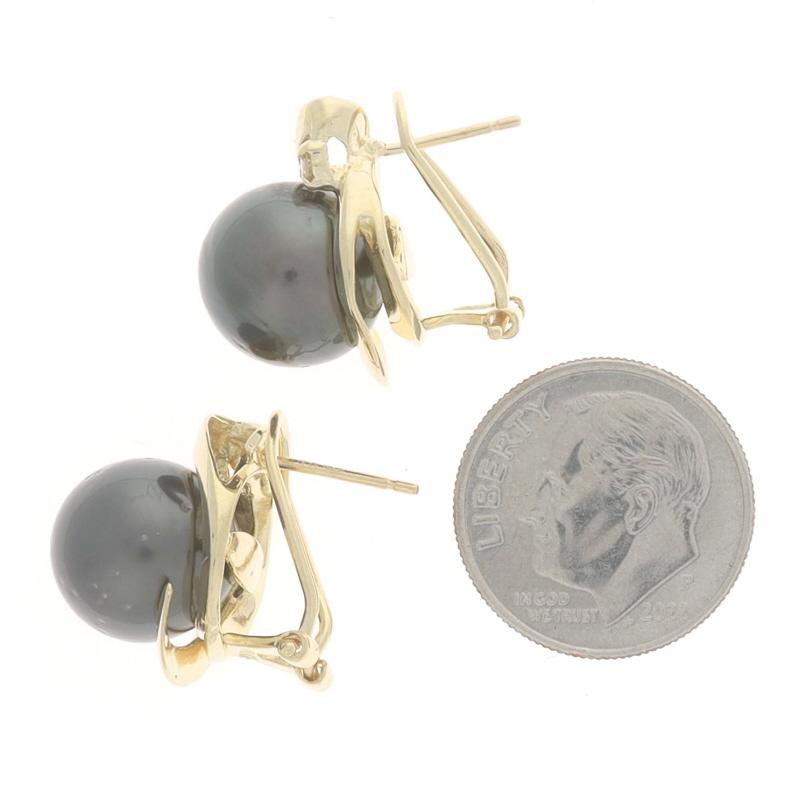Yellow Gold Tahitian Pearl & Diamond Stud Earrings - 14k Bypass Swirl Pierced In Excellent Condition For Sale In Greensboro, NC
