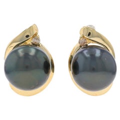 Yellow Gold Tahitian Pearl & Diamond Stud Earrings - 14k Bypass Swirl Pierced