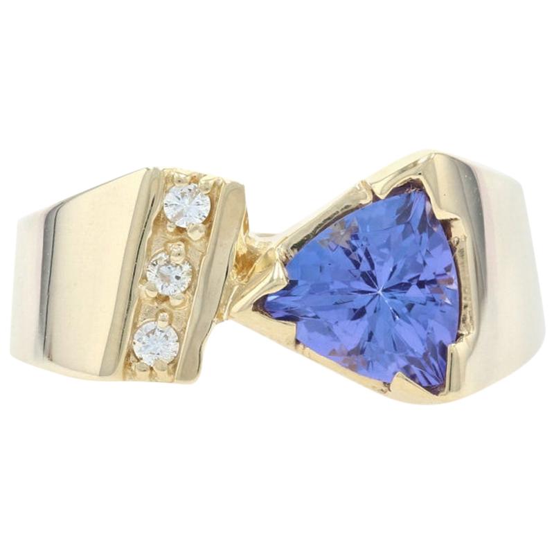 Yellow Gold Tanzanite and Diamond Ring, 14 Karat Trillion Cut 1.89 Carat