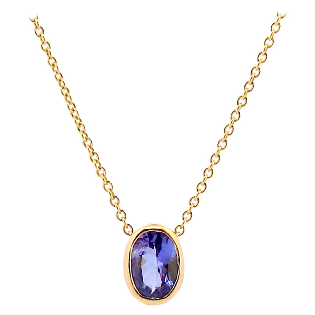 Halskette aus Gelbgold mit Tansanit in Lünettenfassung im Angebot
