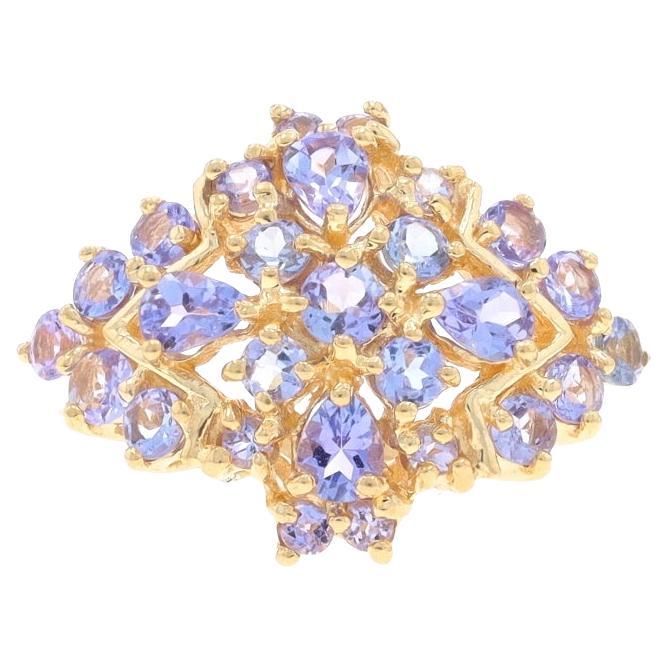 Yellow Gold Tanzanite Cluster Cocktail Ring - 14k Pear & Round 1.60ctw Floral