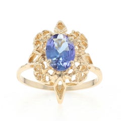 Yellow Gold Tanzanite Cocktail Solitaire Ring - 14k Oval 1.35ct Floral Lace