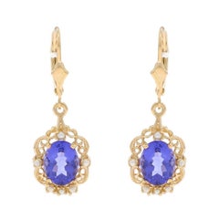 Yellow Gold Tanzanite Cultured Pearl Dangle Earrings - 14k Oval 4.16ctw Pierced